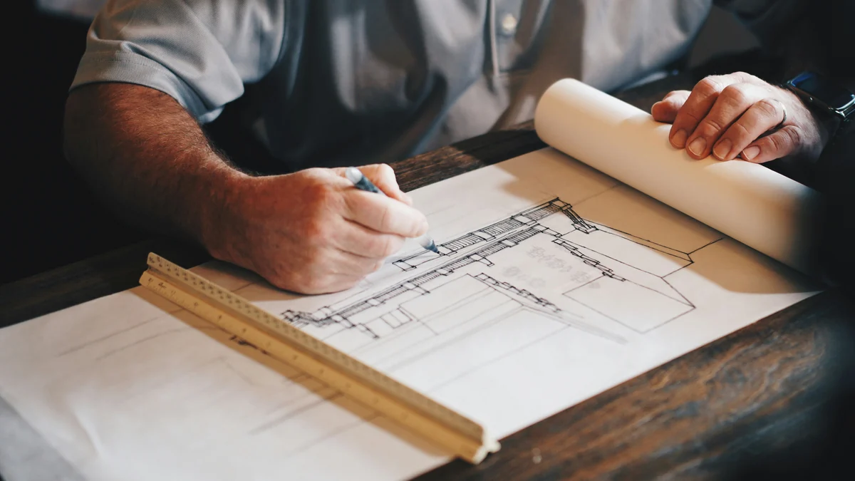 Hands drawing a paper floor plan with a pencil, with a wooden ruler across the sheet.